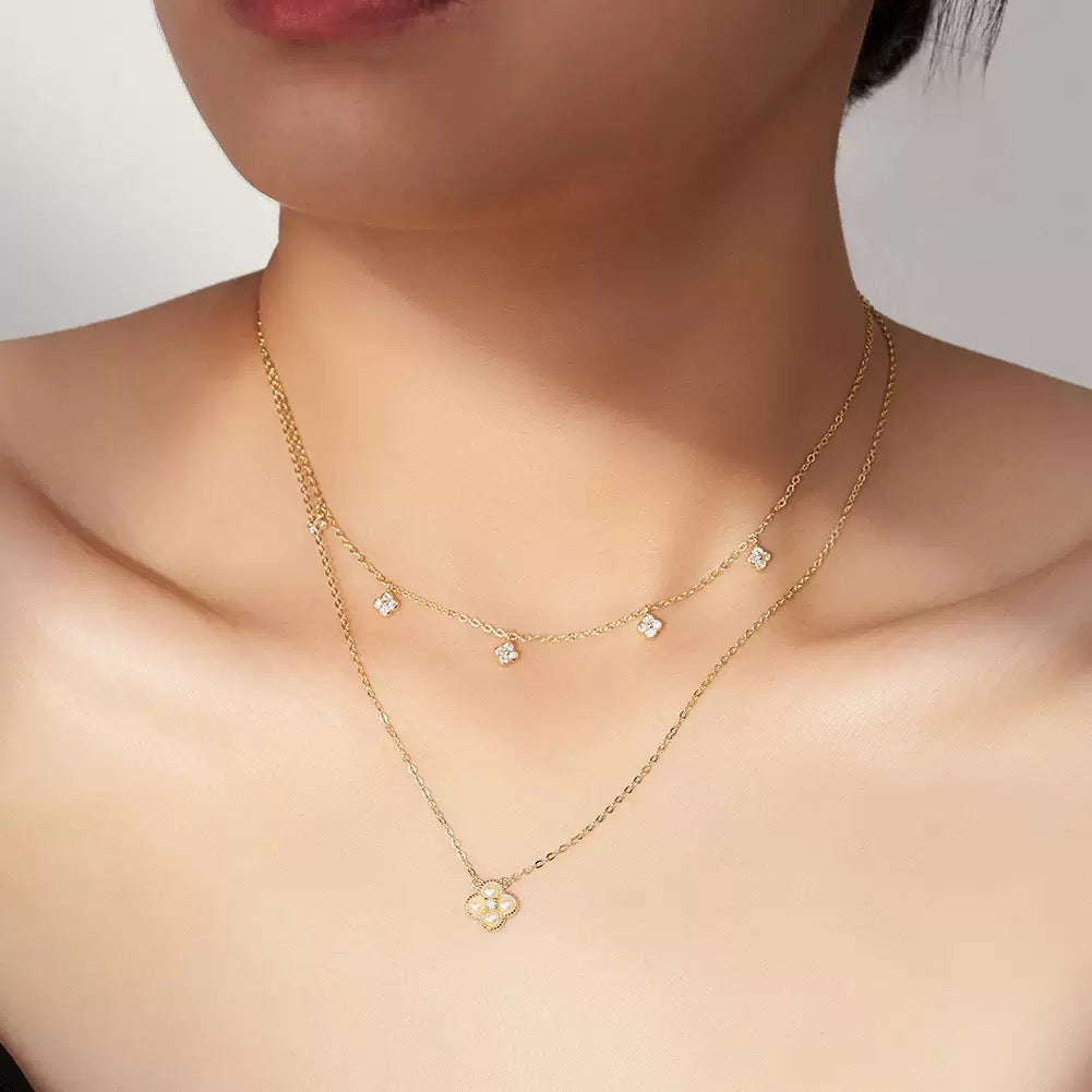 Blossom Layer – Pearl & CZ Double Chain Necklace