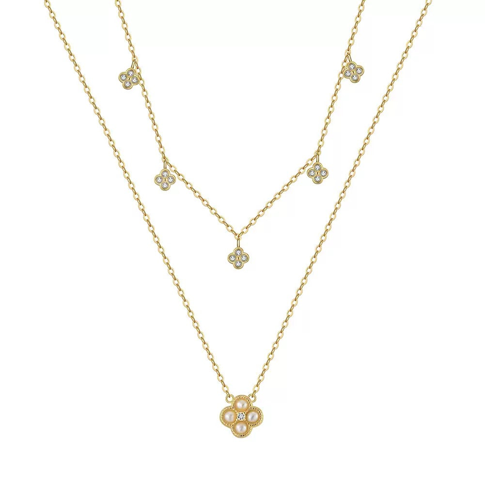 Blossom Layer – Pearl & CZ Double Chain Necklace