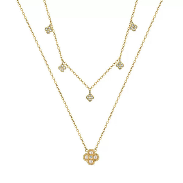 Blossom Layer – Pearl & CZ Double Chain Necklace