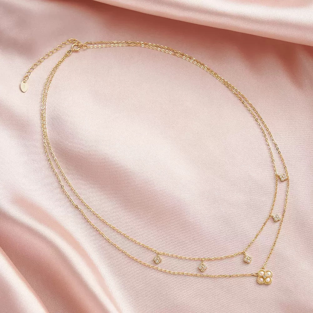 Blossom Layer – Pearl & CZ Double Chain Necklace
