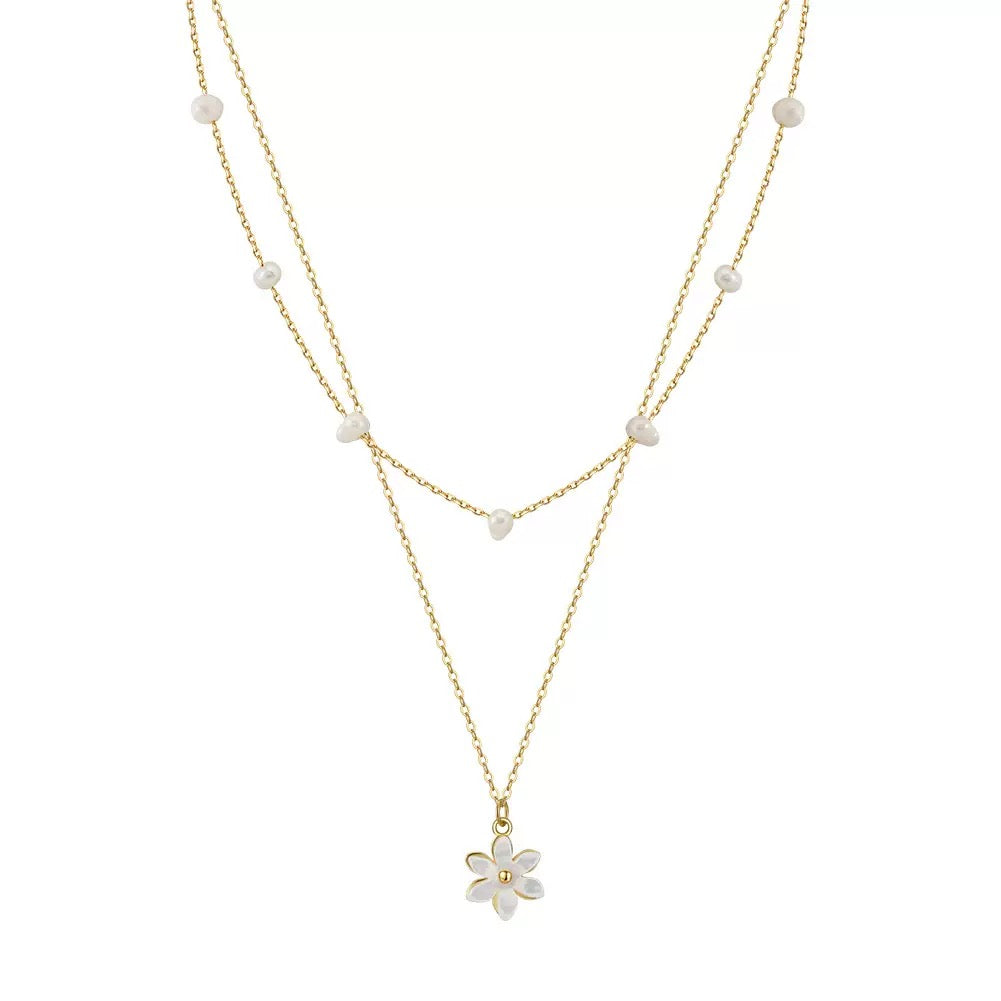 Petite Bloom – Pearl Double Chain & Daisy Pendant Necklace