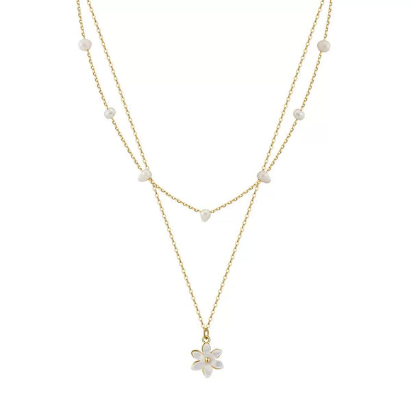 Petite Bloom – Pearl Double Chain & Daisy Pendant Necklace