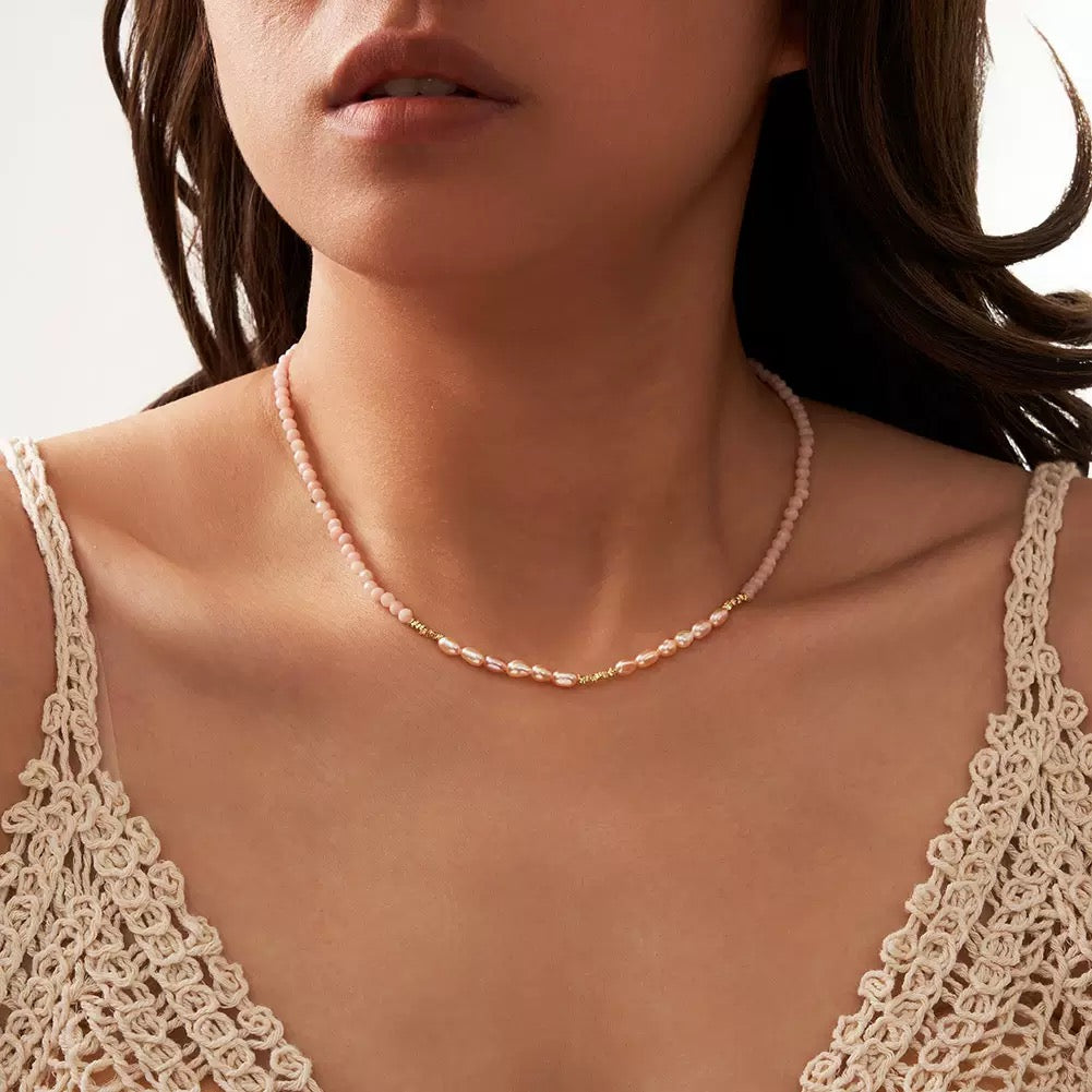 Blush Aura – Freshwater Pearl & Rose Quartz Necklace | Energy Stone Series