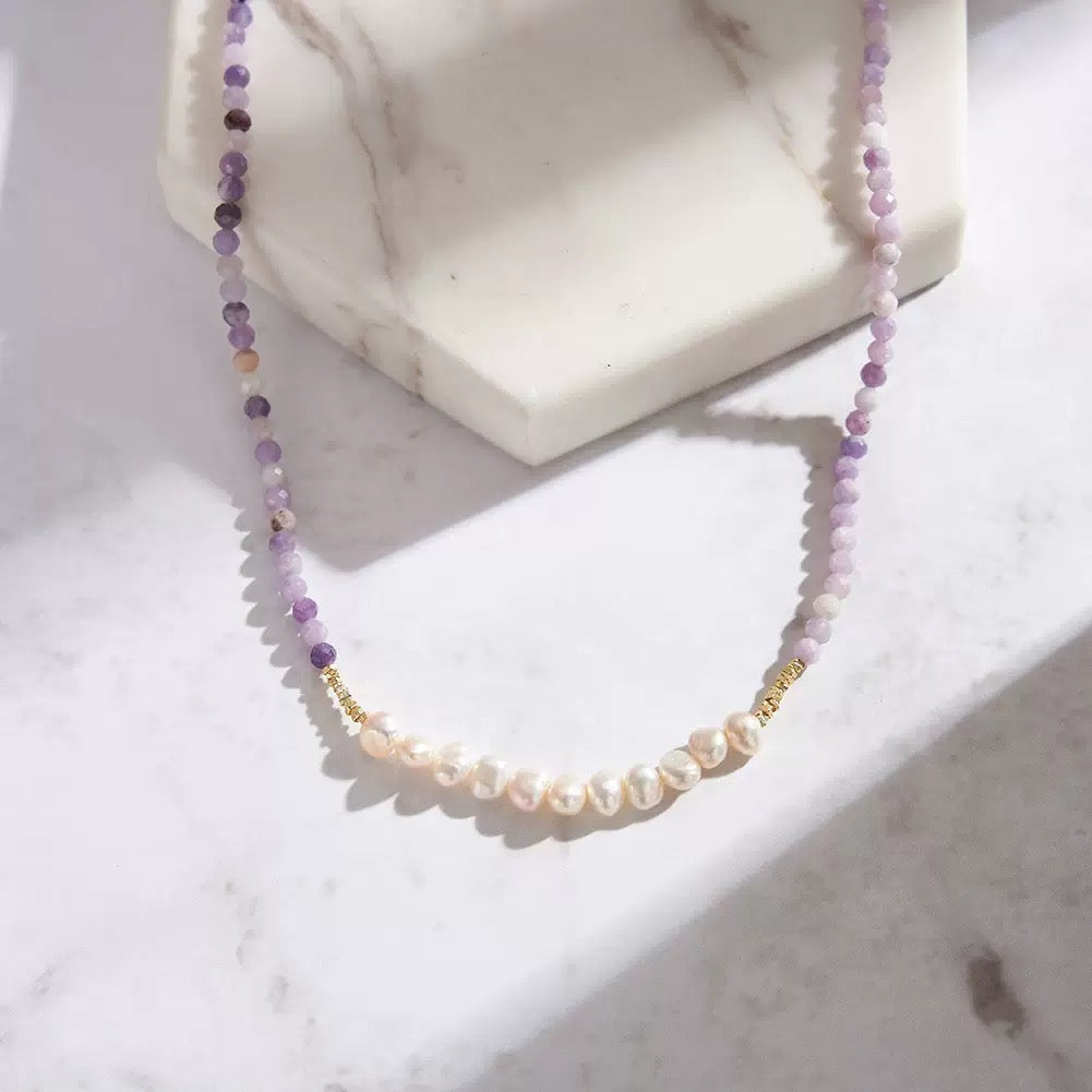 Lavender Shield – Freshwater Pearl & Lepidolite Energy Necklace