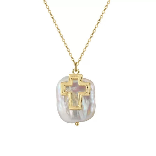 Faith Glow – Baroque Pearl & Cross Pendant Necklace