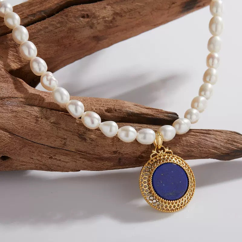 Celestial Grace – Freshwater Pearl & Lapis lazuli Necklace | Energy Stone Series
