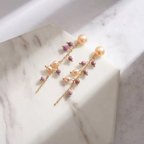 Amethyst Dew – Freshwater Pearl & Lepidolite Vermeil Earrings| Energy Stone Series