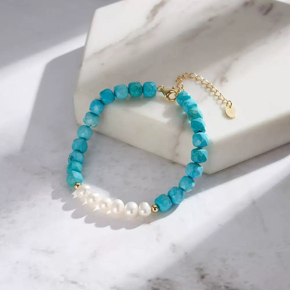 Celestial Stone – Freshwater Pearl & Turquoise Vermeil Bracelet | Energy Stone Series
