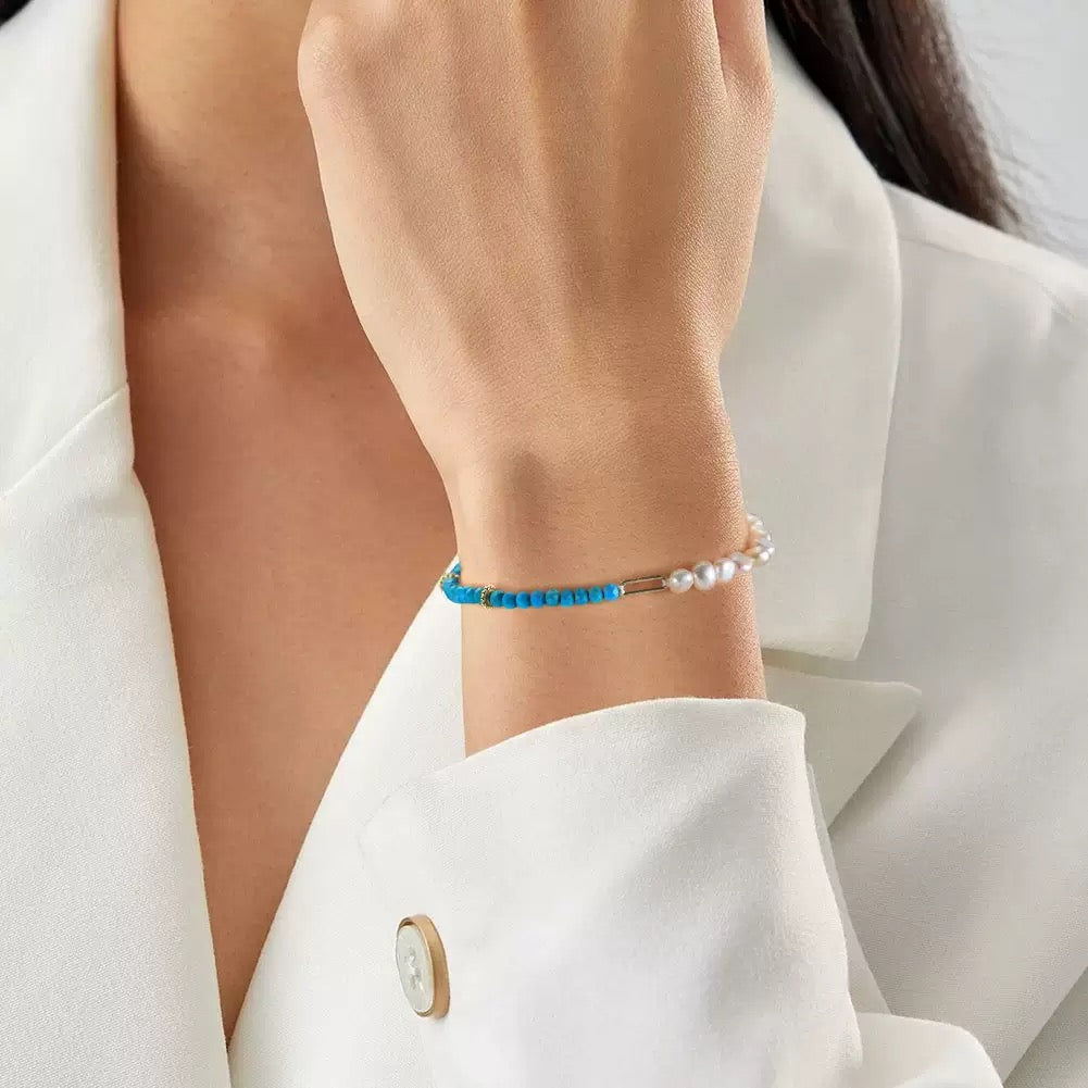 Celestial Balance – Freshwater Pearl & Turquoise Vermeil Bracelet | Energy Stone Series