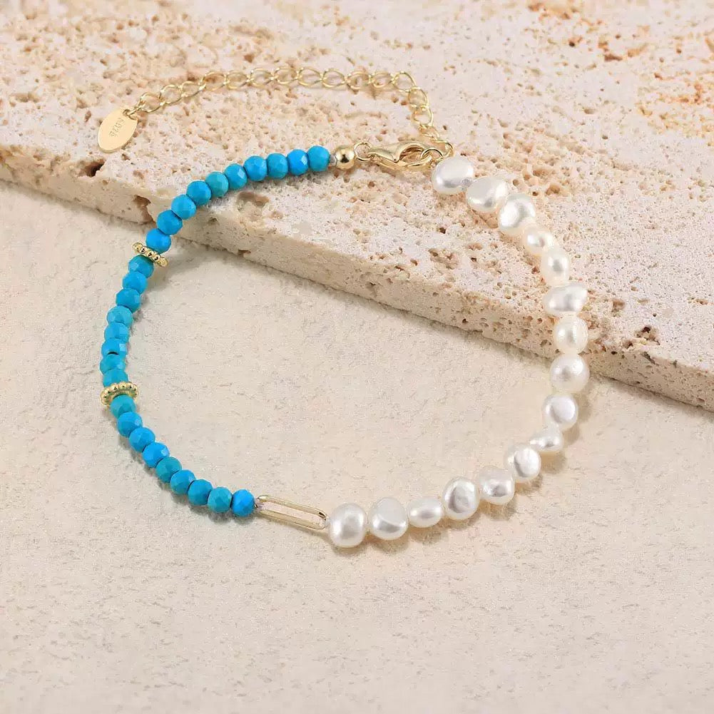 Celestial Balance – Freshwater Pearl & Turquoise Vermeil Bracelet | Energy Stone Series