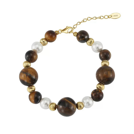 Trinity Shield – Tiger Eye, Obsidian & Shell Pearl Vermeil Bracelet | Energy Stone Series