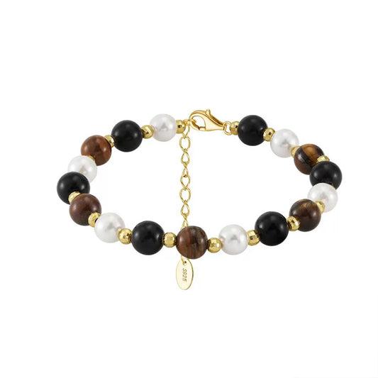 Guardian Core – Tiger Eye, Obsidian & Shell Pearl Vermeil Bracelet | Energy Stone Series