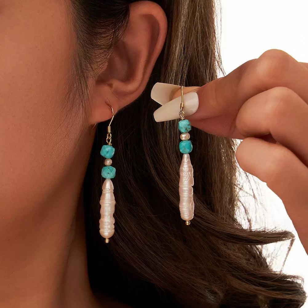 Mystic Drop – Freshwater Pearl & Turquoise Energy Stone Earrings| Energy Stone Series