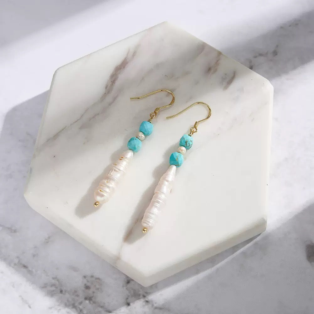 Mystic Drop – Freshwater Pearl & Turquoise Energy Stone Earrings| Energy Stone Series
