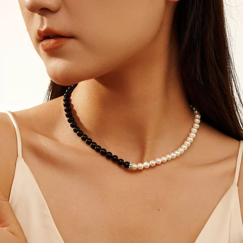 Shadow & Light – Obsidian & White Shell Bead Necklace| Energy Stone Series