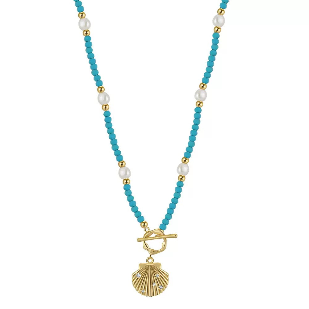Sea Whisper – Freshwater Pearl, Turquoise & Shell Pendant Necklace | Energy Stone Series