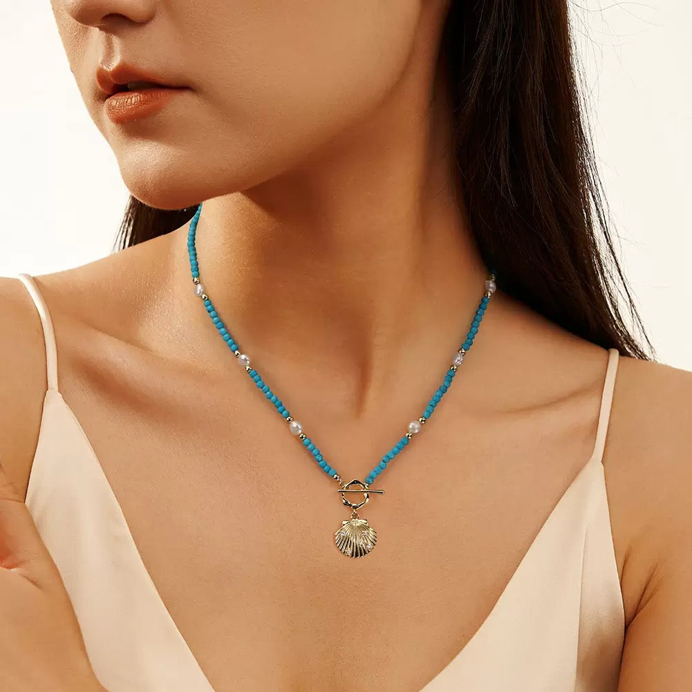 Sea Whisper – Freshwater Pearl, Turquoise & Shell Pendant Necklace | Energy Stone Series