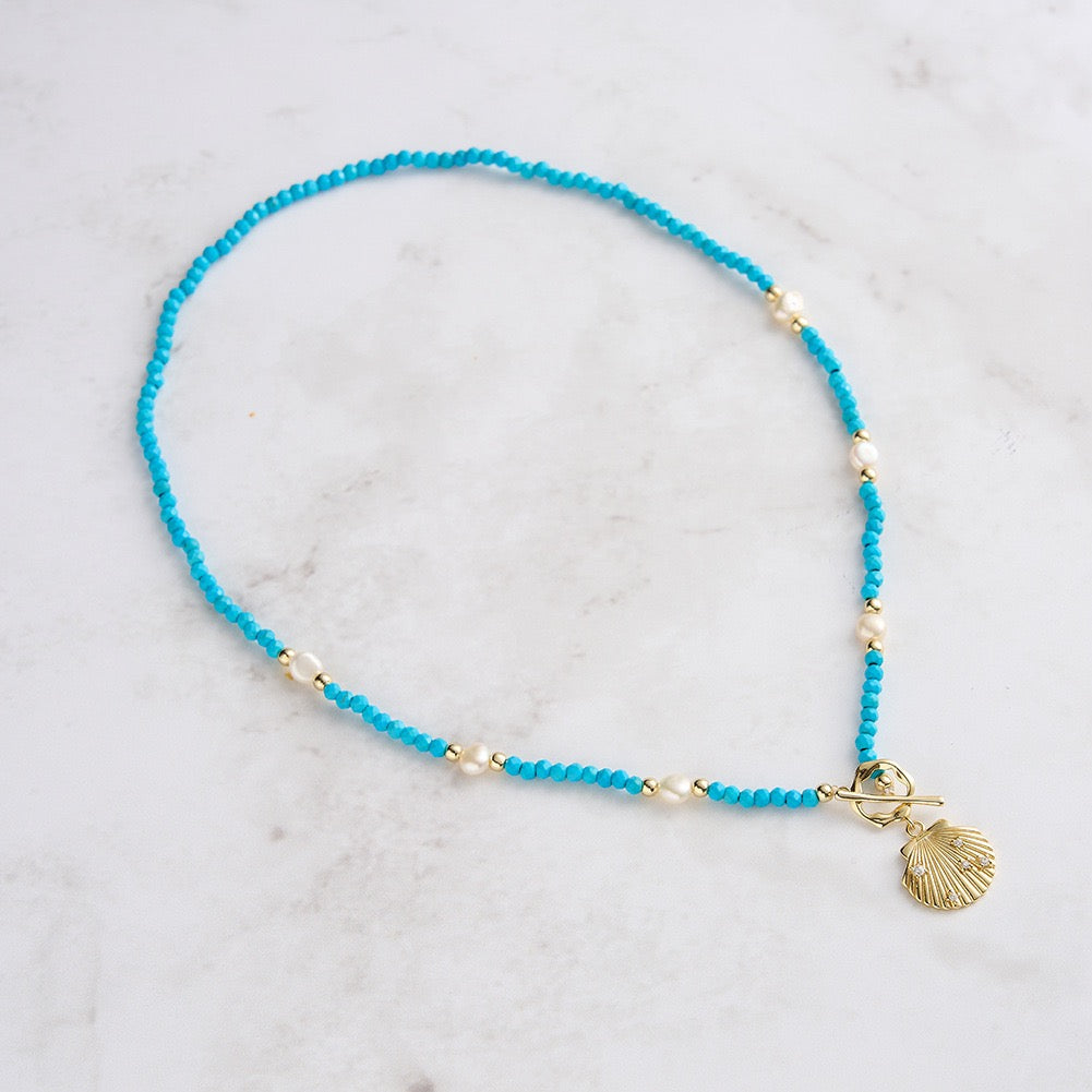 Sea Whisper – Freshwater Pearl, Turquoise & Shell Pendant Necklace | Energy Stone Series