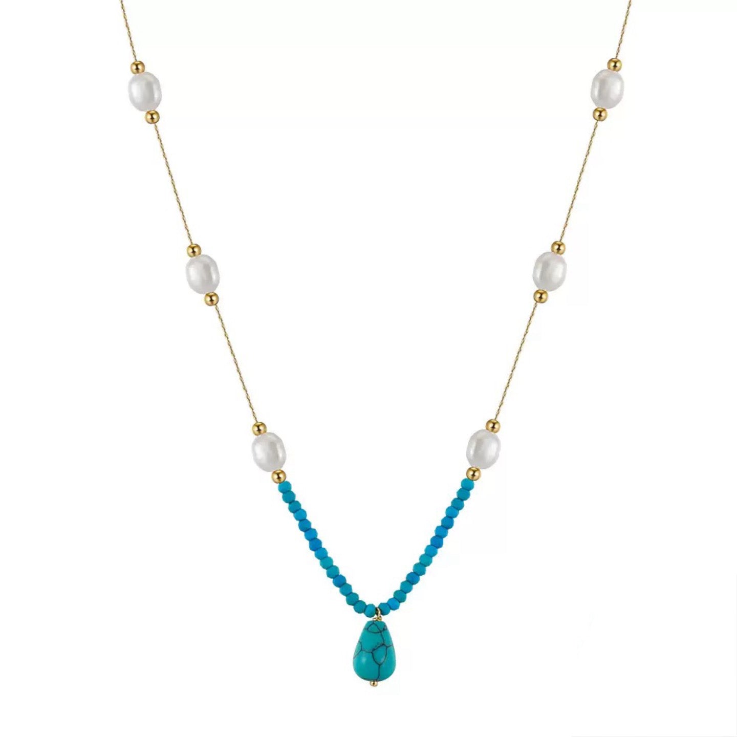 Tranquil Drop – Freshwater Pearl & Turquoise Pendant Necklace | Energy Stone Series