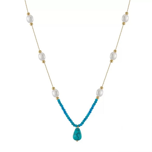Tranquil Drop – Freshwater Pearl & Turquoise Pendant Necklace | Energy Stone Series