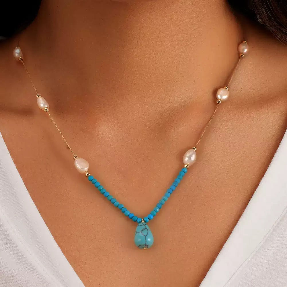 Tranquil Drop – Freshwater Pearl & Turquoise Pendant Necklace | Energy Stone Series