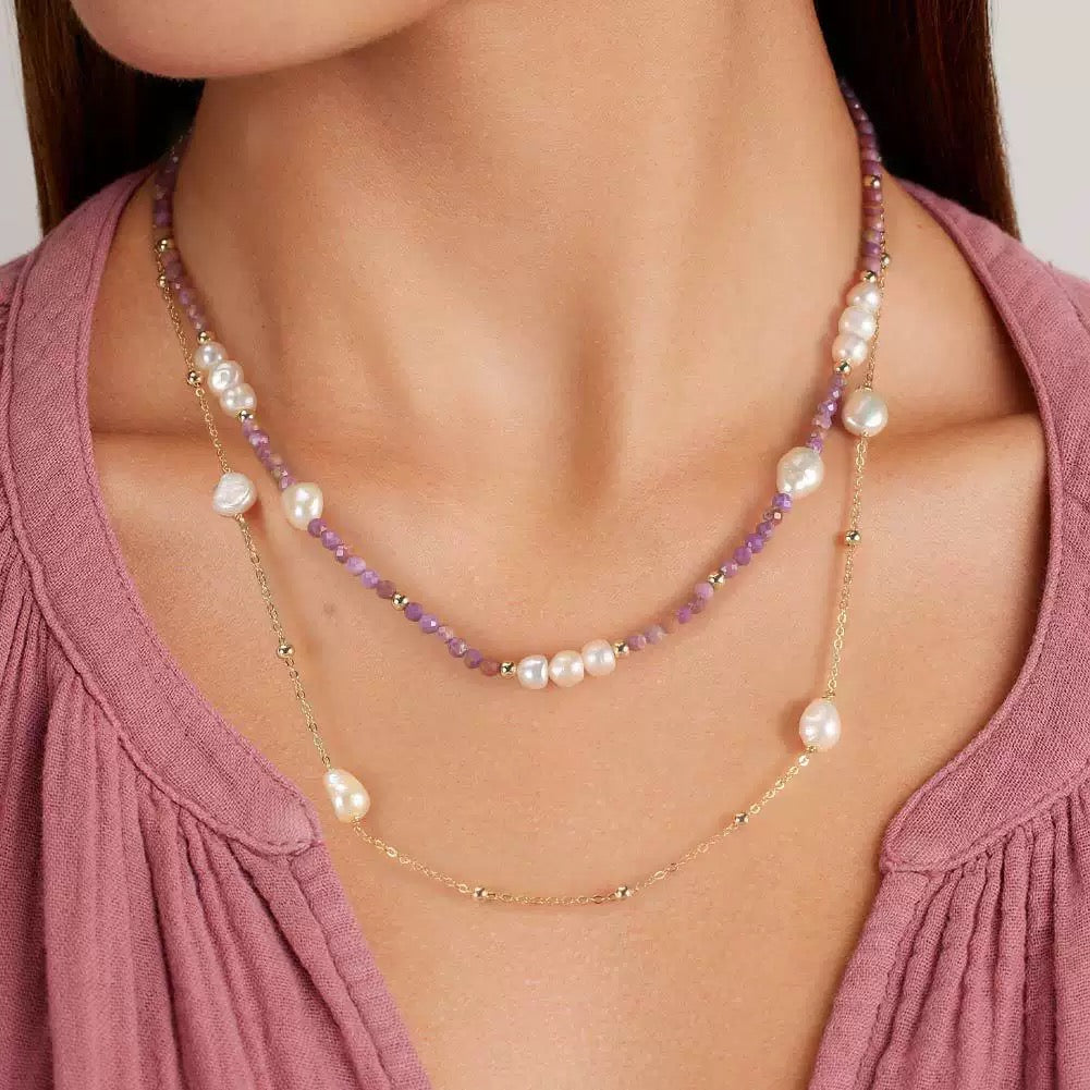 Mystic Layers – Freshwater Pearl & Lepidolite Double Necklace | Energy Stone Series
