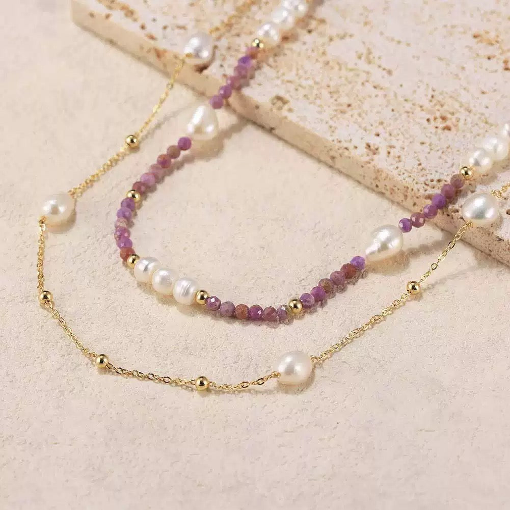 Mystic Layers – Freshwater Pearl & Lepidolite Double Necklace | Energy Stone Series