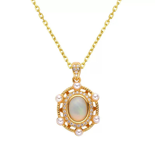 Celestial Glow – Opal & Pearl Halo Necklace