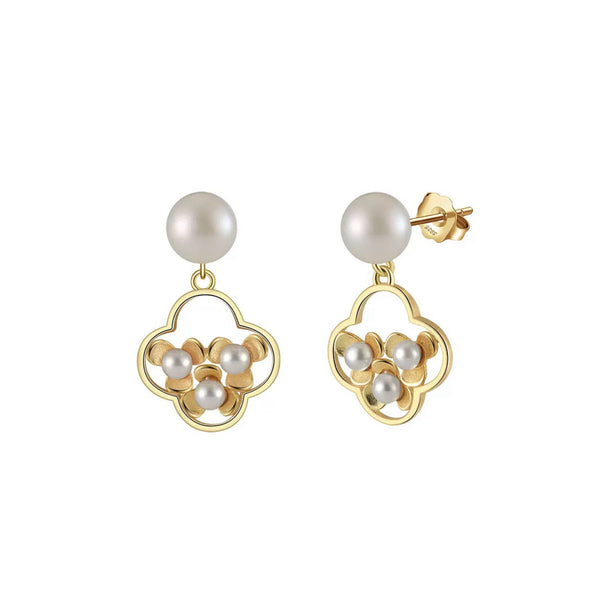 Petal Charm – Freshwater Pearl & Vermeil Clover Drop Earrings