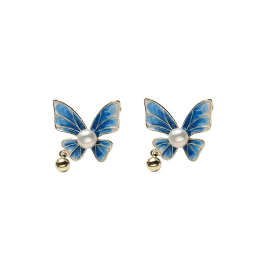 Azure Flutter – Enamel Butterfly & Pearl Stud Earrings