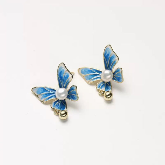 Azure Flutter – Enamel Butterfly & Pearl Stud Earrings