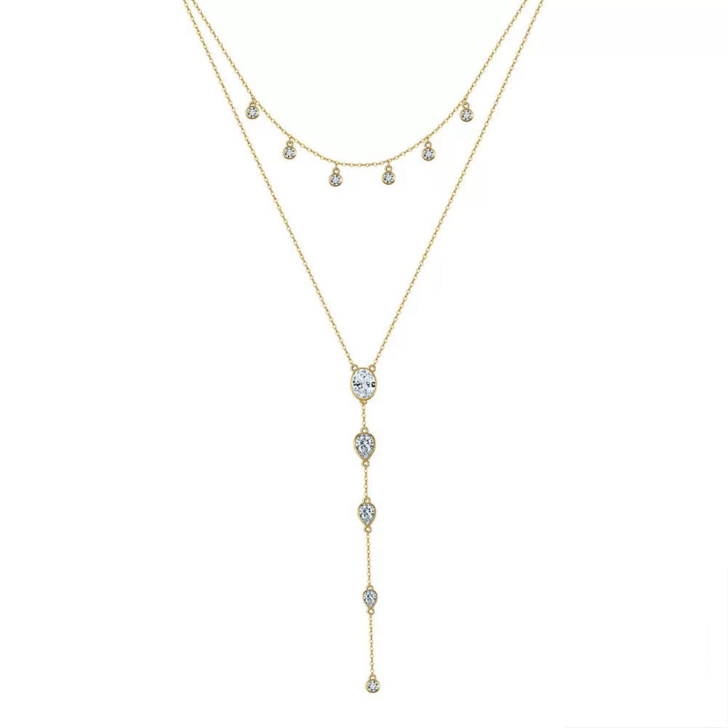 Layered Y Necklace – Sterling Silver & Gold Vermeil Cubic Zirconia Drop Necklace
