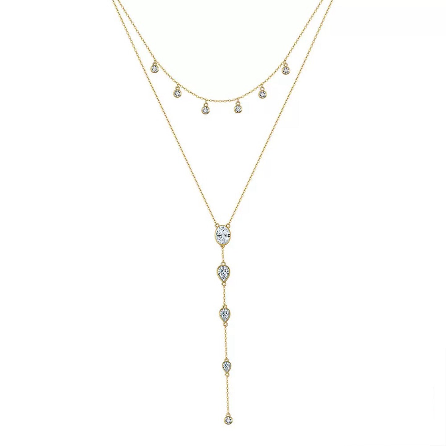 Layered Y Necklace – Sterling Silver & Gold Vermeil Cubic Zirconia Drop Necklace