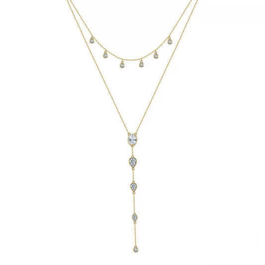 Layered Y Necklace – Sterling Silver & Gold Vermeil Cubic Zirconia Drop Necklace