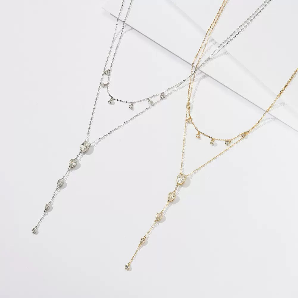 Layered Y Necklace – Sterling Silver & Gold Vermeil Cubic Zirconia Drop Necklace