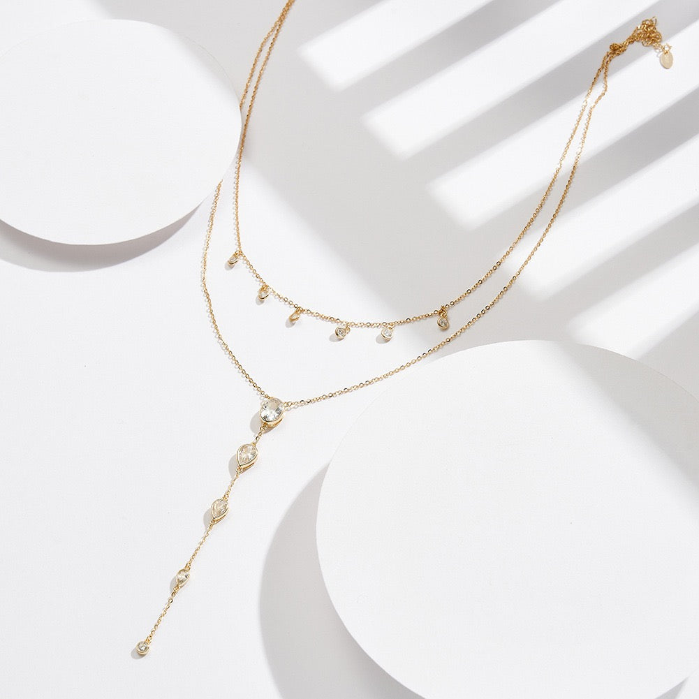 Layered Y Necklace – Sterling Silver & Gold Vermeil Cubic Zirconia Drop Necklace
