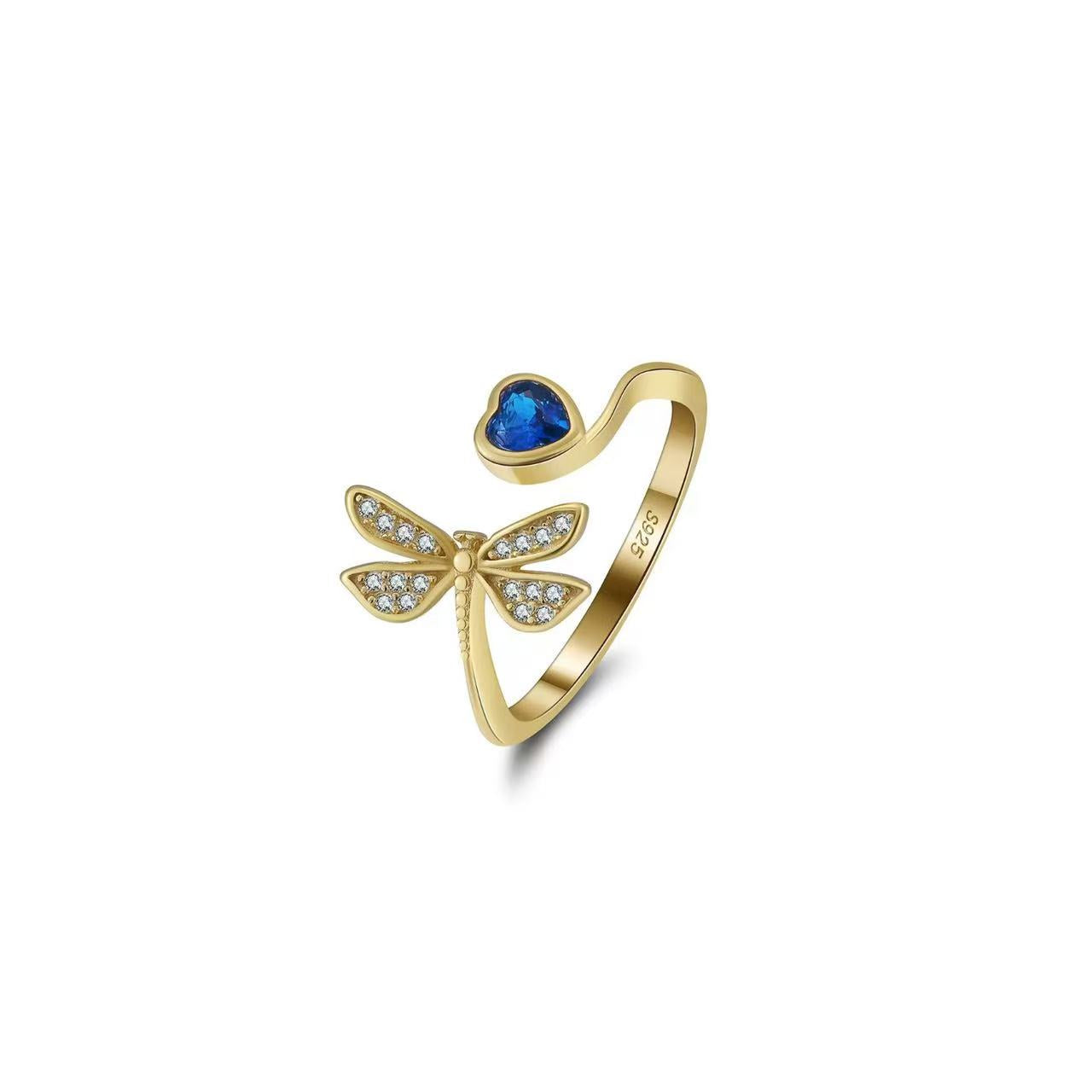 Celestial Dragonfly – Blue Heart & CZ Vermeil Ring