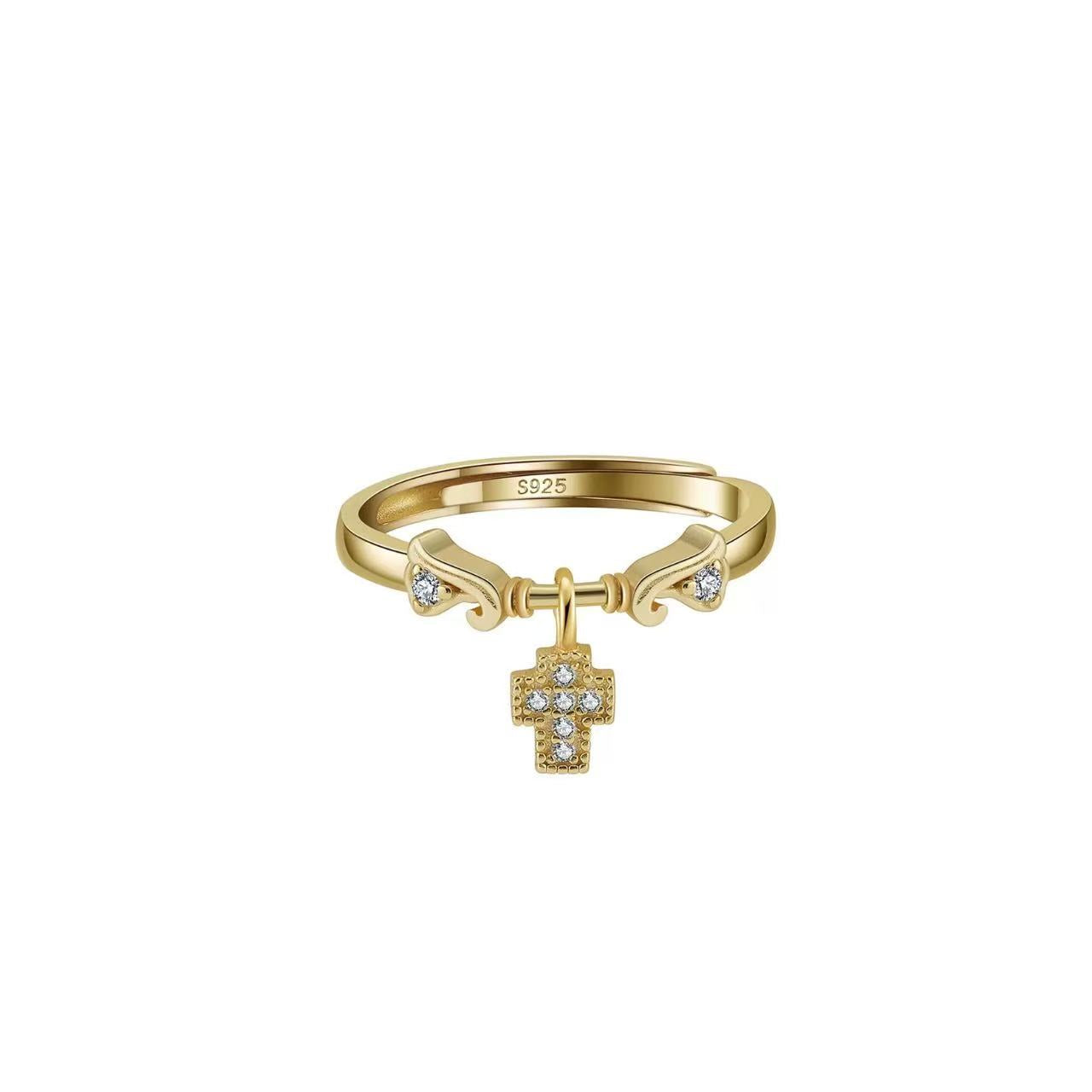 Cross Charm – Vermeil & CZ Adjustable Ring