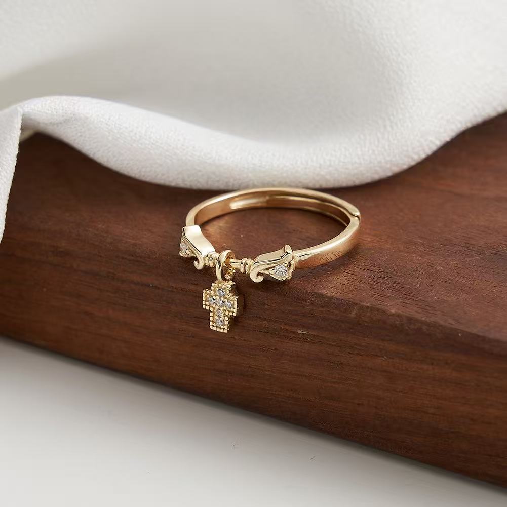 Cross Charm – Vermeil & CZ Adjustable Ring
