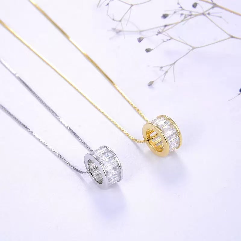 Eternity Circle Pendant Necklace – Sterling Silver or Gold Plated with Baguette Zircon