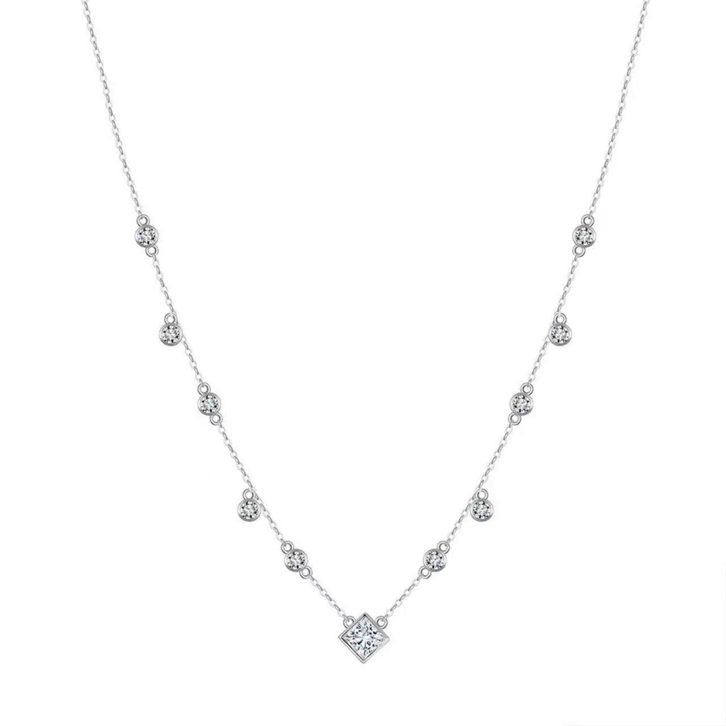 Princess Cut & Round Zircon Station Necklace – Sterling Silver or Gold Vermeil