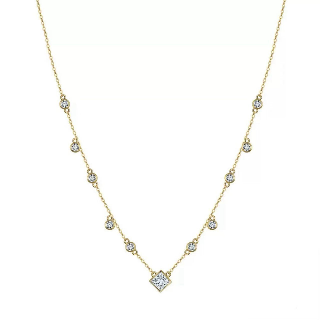 Princess Cut & Round Zircon Station Necklace – Sterling Silver or Gold Vermeil