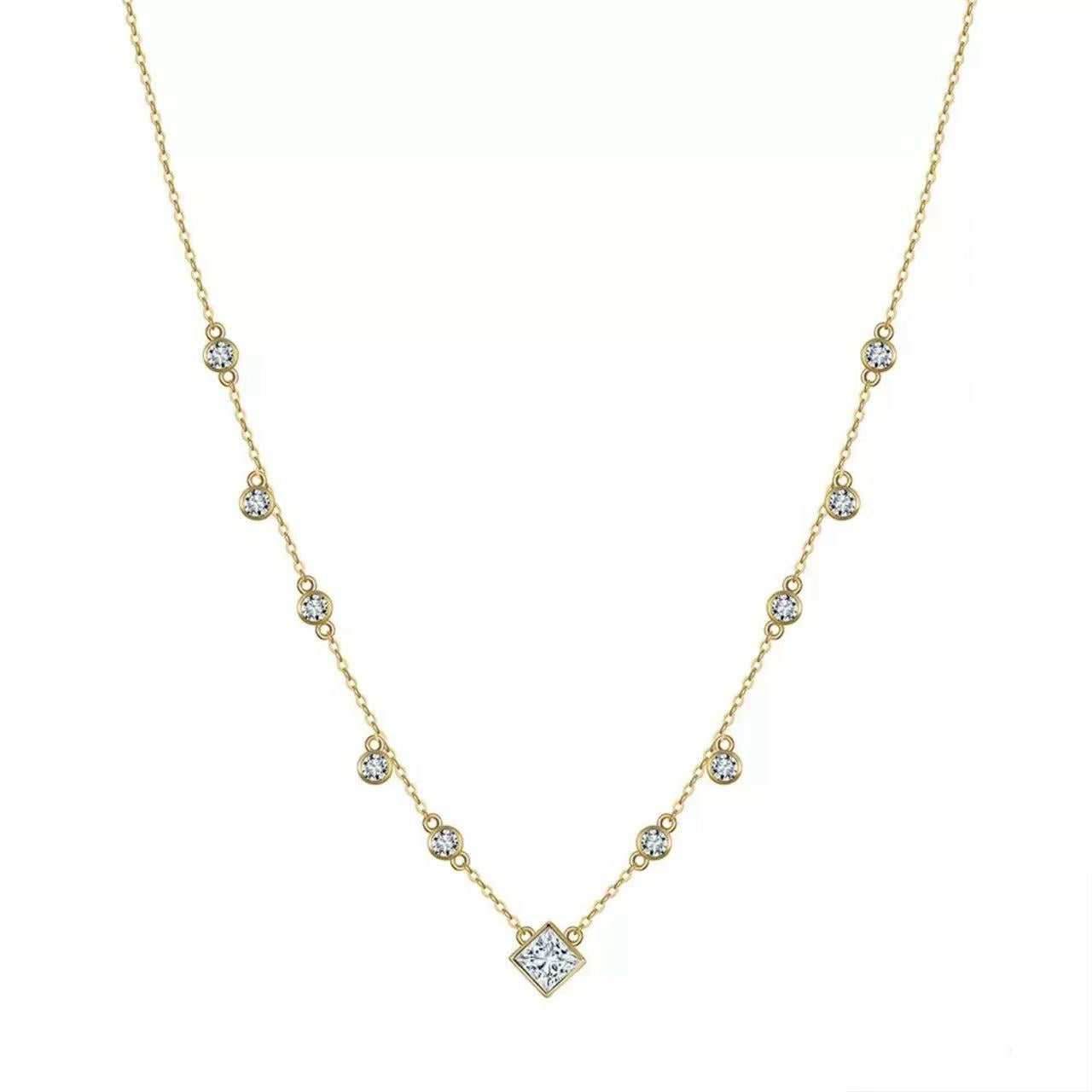 Princess Cut & Round Zircon Station Necklace – Sterling Silver or Gold Vermeil