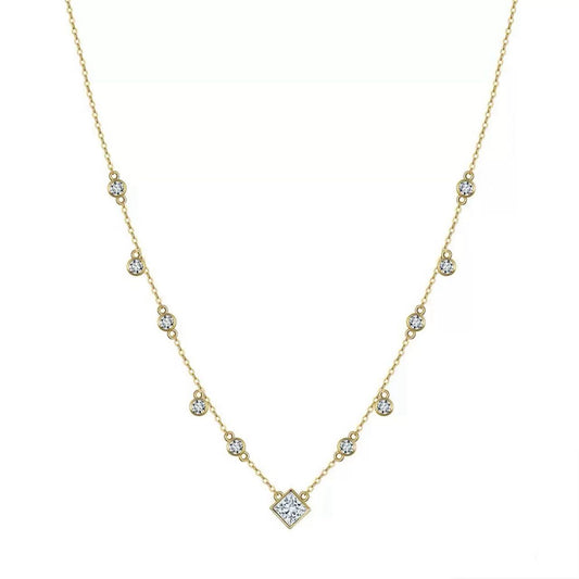 Princess Cut & Round Zircon Station Necklace – Sterling Silver or Gold Vermeil