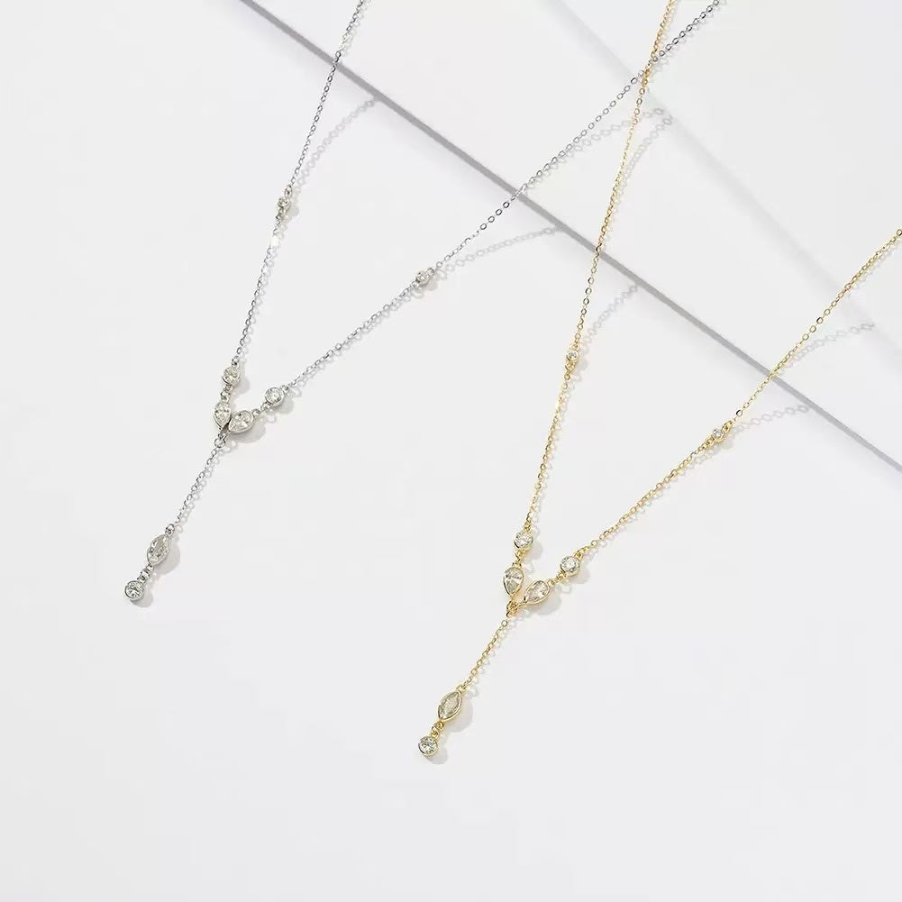Teardrop & Round Zircon Y Necklace – Sterling Silver or Gold Vermeil