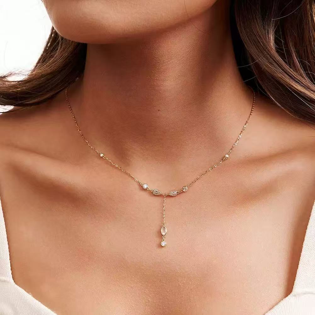 Teardrop & Round Zircon Y Necklace – Sterling Silver or Gold Vermeil