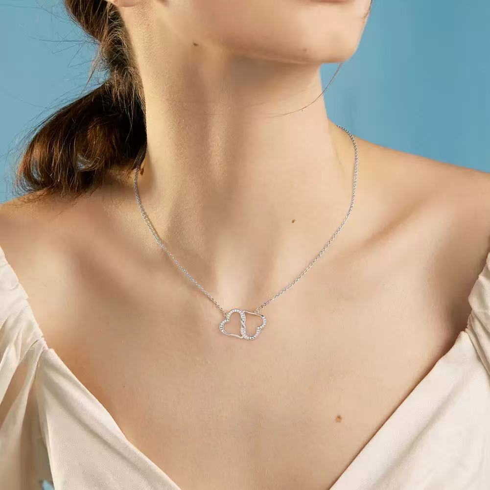 Interlocking Hearts Zircon Pendant Necklace – Sterling Silver or Gold Vermeil