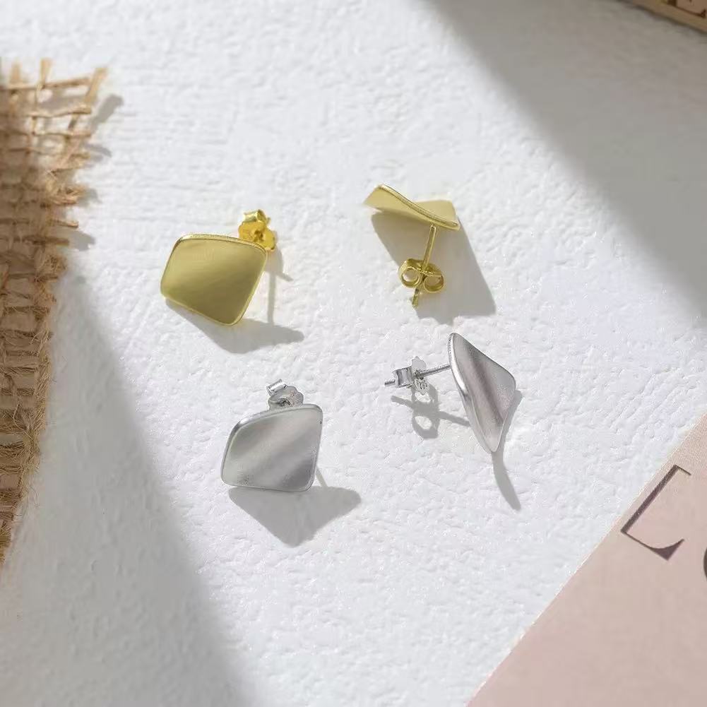 Geometric Diamond-Shaped Stud Earrings – Sterling Silver or Gold Vermeil