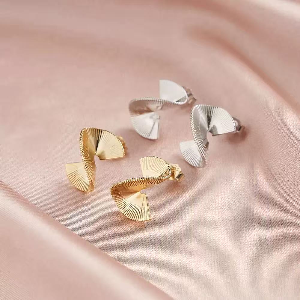 Twisted Fan Shape Stud Earrings – Sterling Silver or Gold Vermeil