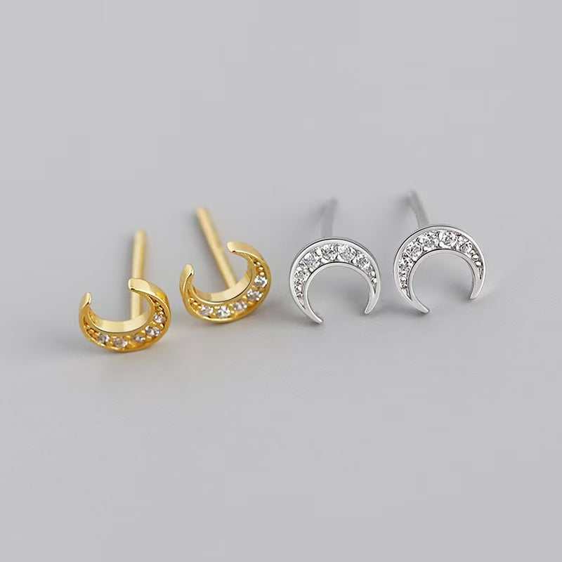 Crescent Moon Stud Earrings – Sterling Silver or Gold Vermeil with Cubic Zirconia